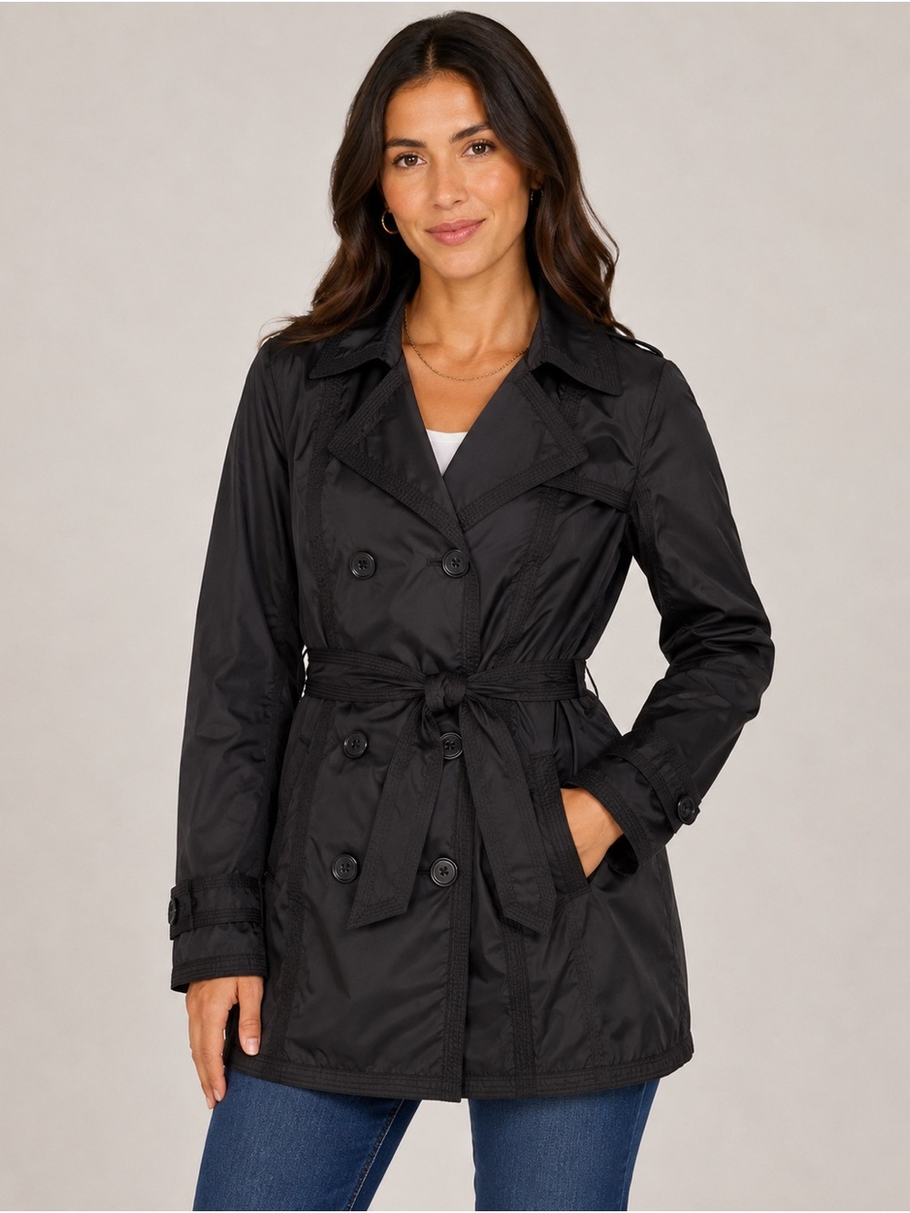 Eddie Bauer Black Double-Breasted Belted Trench Coat Small